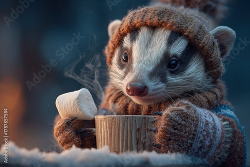 Photorealistic skunk in mittens spills hot cocoa with marshmallow bouncing in snowy blue hour