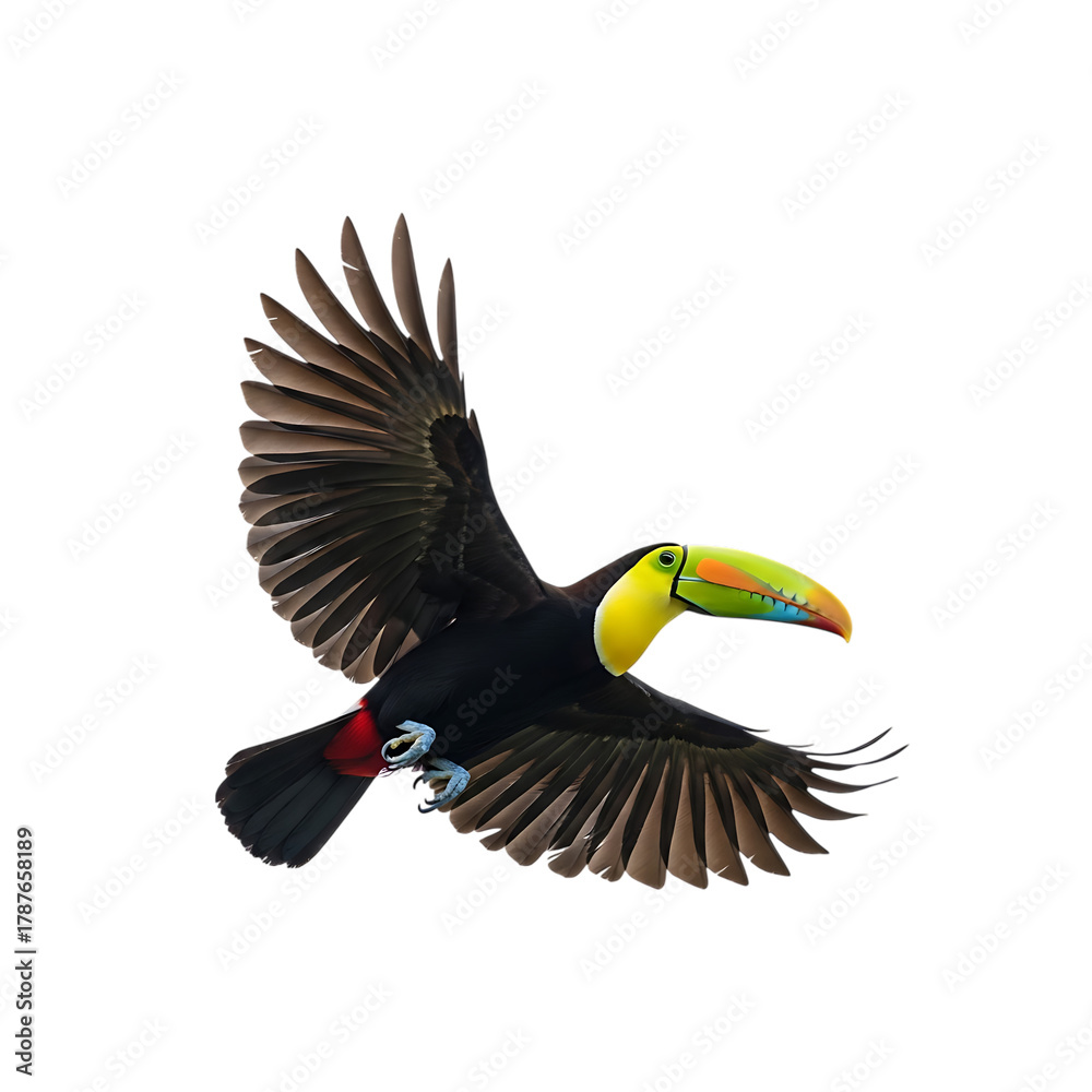 Naklejka premium Keel billed toucan bird, in flight with wings spread and colorful beak, cutout, PNG isolated on white or transparent background