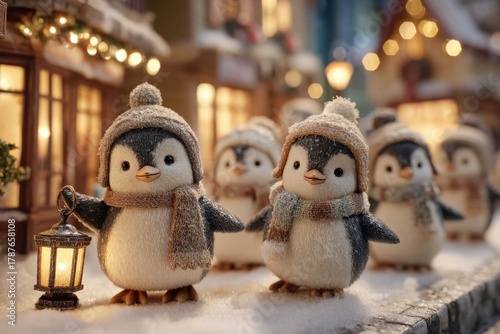 Photorealistic penguins huddled like carolers on snowy Christmas village street at night