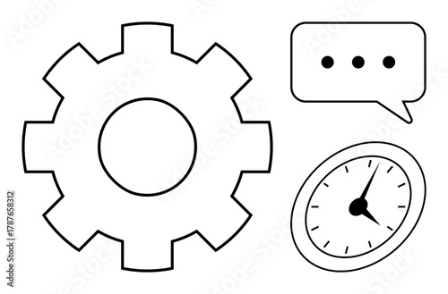 Gear for operations, clock with hands for time, and speech bubble with dots emphasize teamwork, planning, strategy, efficiency, workflow, task prioritization collaboration. Ideal for simple flat