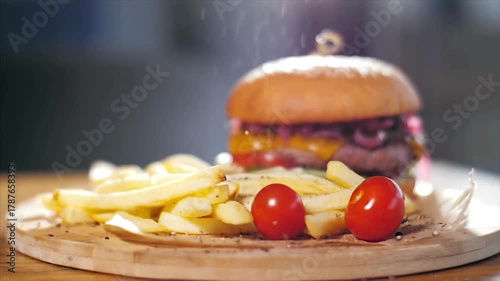 Beef burger rotating 360 loop on the black plate background. 4K UHD video