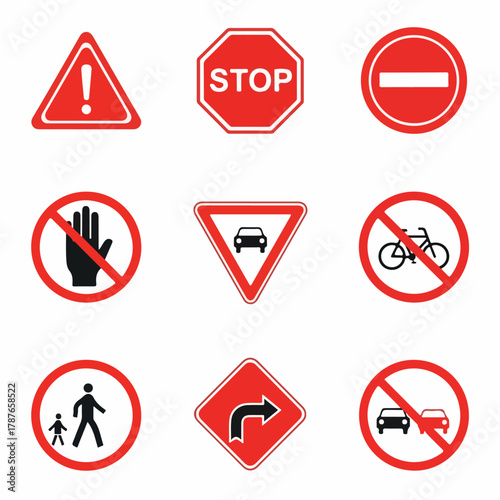 A collection of essential red and white road traffic signs. Free Download A collection of essential red and white road traffic signs. - GFXLoad