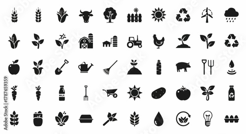 Comprehensive set of black solid glyph icons for agriculture and farming.