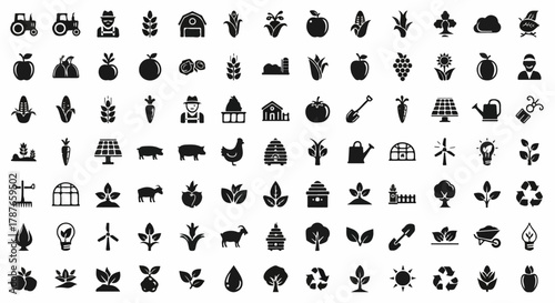Farming agriculture and renewable energy solid icon set.