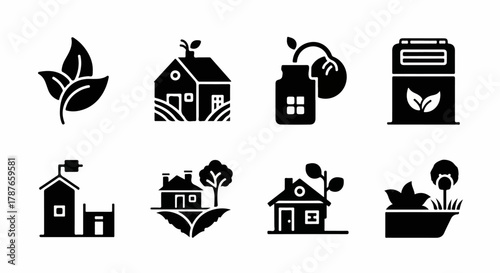 Eco friendly house and green living glyph icon set.