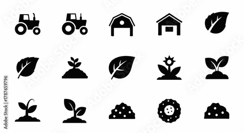 Farming and agriculture solid glyph icon set with tractor barn and plant symbols.