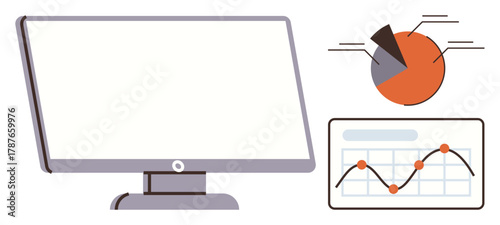 Blank computer screen with graphical pie chart and line graph. Ideal for analytics, research, reporting, marketing, technology, education, finance. Simple flat metaphor for data visualization