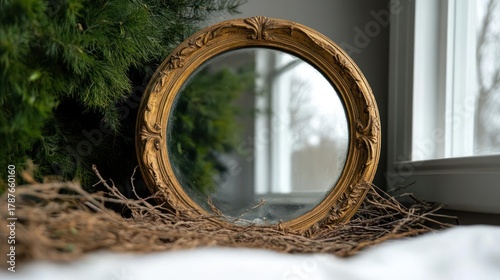 Ornate gold framed mirror reflecting winter window nestled among branches and foliage