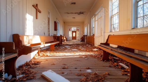 A solemn scene of abandonment, featuring an aged church hallway filled with fallen autumn leaves