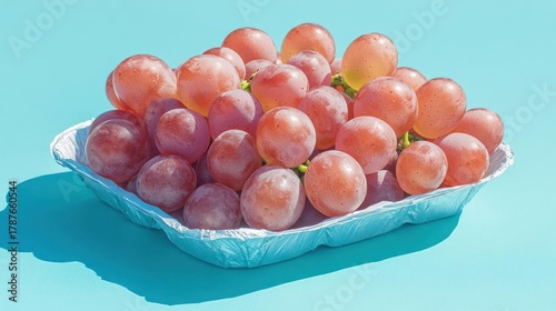 Crimson grapes in foil tray, a culinary delight on a vibrant turquoise backdrop creating a