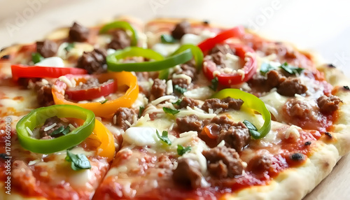 Close up of a pizza topped with meat and colorful peppers