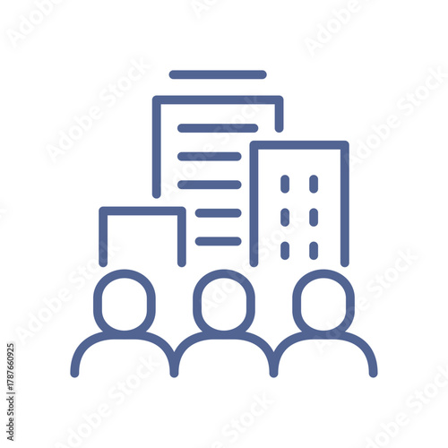 Business people standing in front of corporate buildings representing teamwork, cooperation, leadership and organization flat vector illustration.
