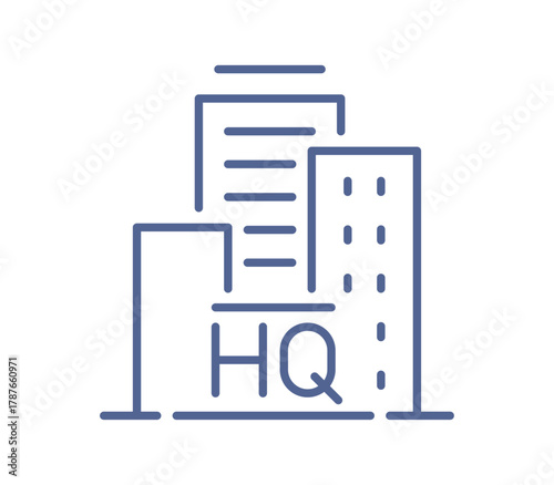Modern headquarters building with HQ letters representing administration, leadership, organization and corporate management flat vector illustration.