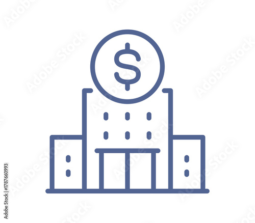 Modern corporate building with dollar sign symbolizing financial growth, business investment, banking institution and economic stability flat vector illustration.