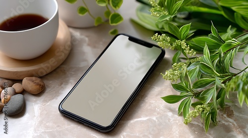 Modern smartphone on marble surface with plants and cup of coffee
