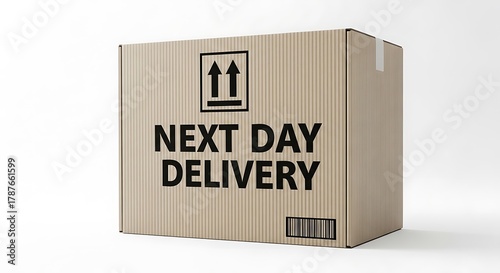 Cardboard box with next day delivery text for fast shipping services