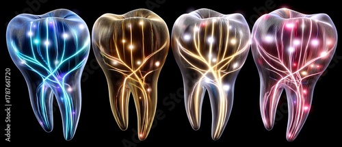 Colorful Artistic Representation of Tooth with Neon Light Effects