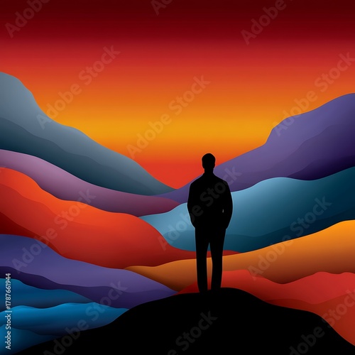 Silhouette of Man Against Abstract Landscape with Colorful Waves
