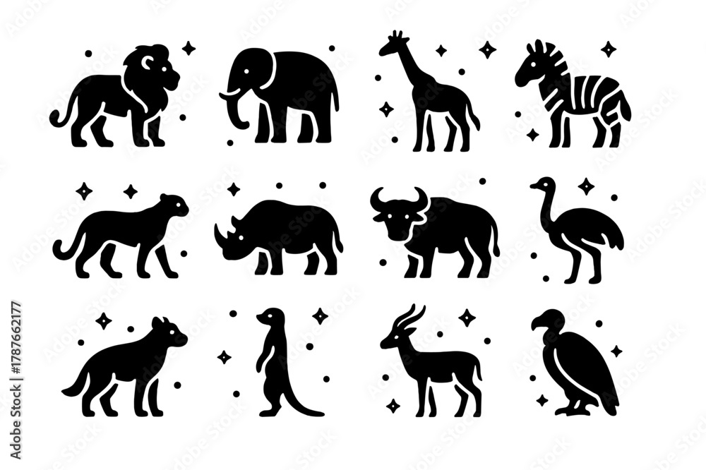 Fototapeta premium Savanna Animal Icons. Savanna Animals. Solid icons set of Savanna Animals: lion, elephant, giraffe, zebra, cheetah, rhino, buffalo, ostrich, hyena, meerkat,