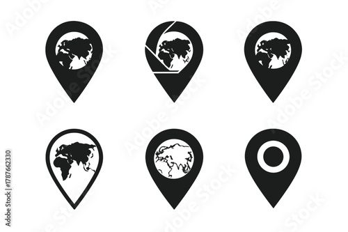 Eurasia Map Pin Icons. Eurasia. Set Logo of Map Pin Icon: Filled silhouette, Abstract geometric, Negative space, Flat solid, Stylized detail, Iconic shape.