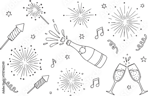 Celebration doodle illustration with champagne bottle popping fireworks and glasses hand-drawn vector for festive events background