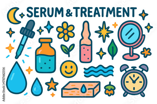 Serum & Treatment Doodles. Serum & Treatment. Colorful Hand-drawn doodle Children illustration Serum & Treatment serum dropper, ampoule, pipette, star, moon,
