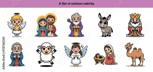 Cartoon nativity presents Mary, Joseph, baby Jesus, angel, sheep, king, wise man and animals