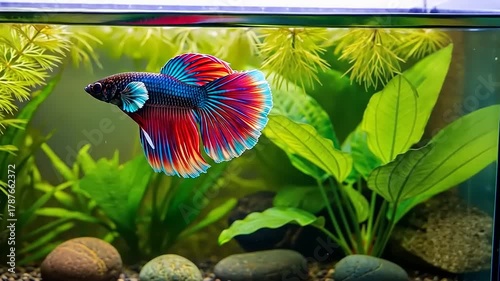Colorful Betta Fish Swimming in a Lush Aquarium with Aquatic Plants.
