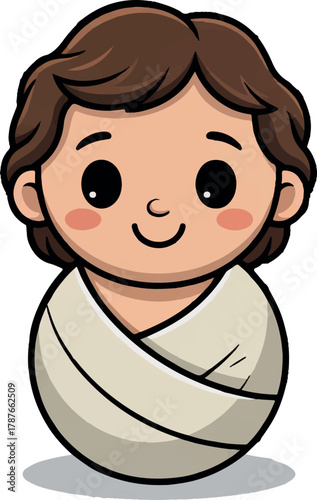 Cheerful cartoon baby with brown hair is swaddled in simple white cloth