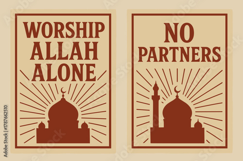Retro Mosque Banners. Worship Alone. Two vertical A6 banners with safe margins, centered composition, no elements touching edges, retro, red and beige, mosque