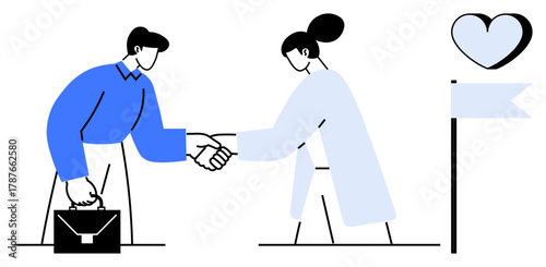 Businessman with briefcase and woman in formal attire shaking hands next to heart and flag. Ideal for teamwork, partnership, success, negotiation, respect, trust, agreement concepts. Represents