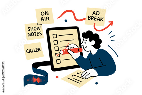 Radio Producer's Desk. Radio Studio Desk ? Producer Notes. Sticky notes and a clean checklist fan around a tablet; waveform ribbon points to ?ad break?. Pencil