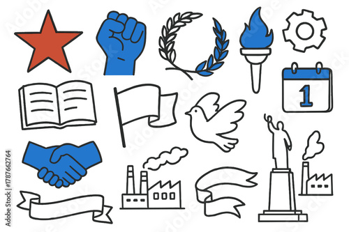 Socialist Symbols Doodle. // Socialist era symbols. Hand-drawn doodle illustration Socialist era symbols [red star (accented), worker fist (accented), wheat
