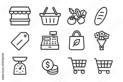 Market Icon Set. Market day. Line icon set of market day: vendor stall, shopping basket, fresh vegetables, fruits, bread loaf, price tag, cash register,