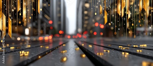 Urban Street Scene with Gold Decoration and Blurred City Background