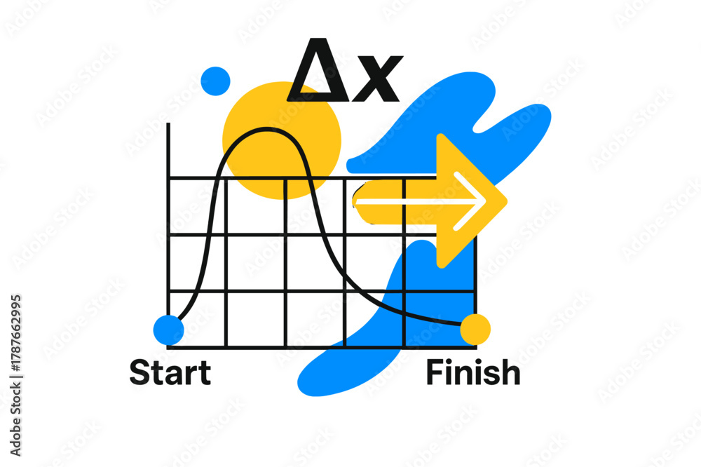 Fototapeta premium Displacement Pathway Art. Displacement Concept. A glowing arrow extends from ?Start? to ?Finish? points over a minimalist grid; ??x? floats above in bold