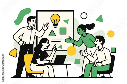 Creative Project Collaboration. Team Leaders Guiding Teams in Creative Projects. Leader presenting project ideas on a screen with team members collaborating