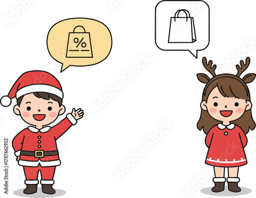 Cute boy in Santa costume and girl with reindeer antlers talking about Christmas shopping and holiday sale vector illustration design
