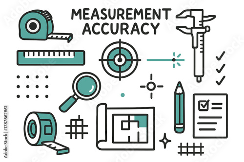 Measurement Accuracy Icons. // Measurement accuracy. Hand-drawn doodle illustration Measurement accuracy [tape measure (accented), ruler (accented), target