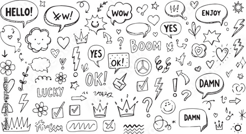 Hand-drawn doodle speech bubbles and design elements vector illustration of comic style sketches background