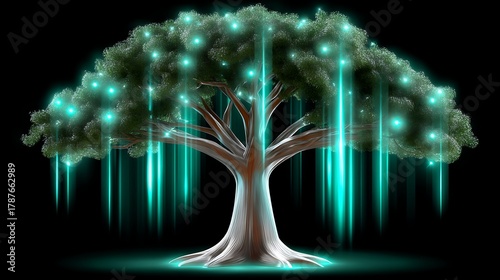 Glowing Tree with Luminescent Leaves and Ethereal Light Effects at Night