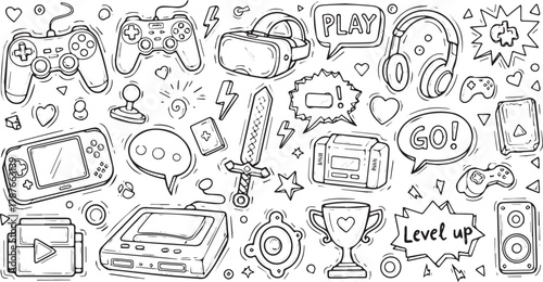 Hand-drawn gaming doodles vector illustration of video game elements perfect for stickers and coloring books