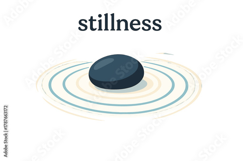 Dynamic Pebble Stillness. Pebble. A single smooth stone rests on rippled sand; soft concentric lines radiate outward. Caption ?stillness? hovers in delicate