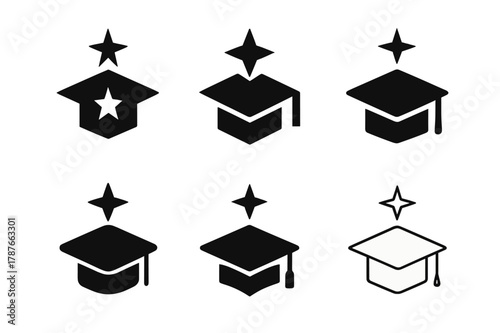 Guiding Star Logos. Mentorship and scholarships. Set Logo of Mentorship and scholarships: guiding star over graduation cap. harmonious logo variations of the