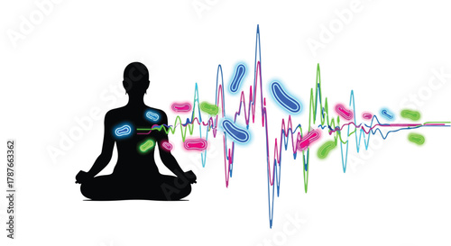 Silhouette meditating figure connected to vibrant energy waves and microscopic organisms