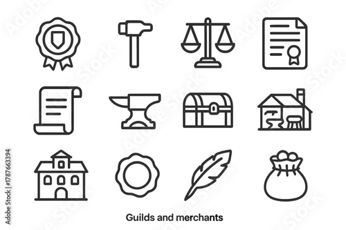 Guild Merchant Icons. Guilds and merchants. Line icon set of guilds and merchants: merchant seal, hammer, scale, contract, scroll, anvil, chest, workshop,