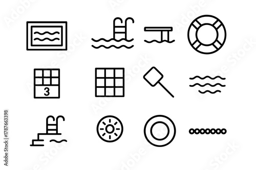 Swimming Pool Icons. Swimming Pool. Line icon set of Swimming Pool: rectangular pool, ladder, diving board, life ring, depth marker, pool tiles, skimmer net,