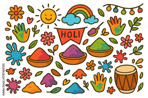 Vibrant Holi Celebration. vibrant Holi powders. Colorful Hand-drawn doodle Children illustration vibrant Holi powders bowls, bright powders, hands, spoon,