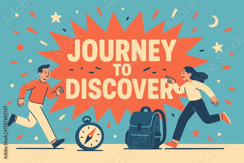 Adventure Awaits!. Journey to discover banner, flat vector illustration, bold oversized text inside splash explosion, cartoon characters running and pointing,