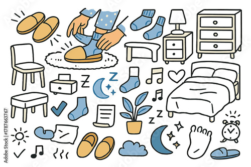 Cozy Bedroom Scene. Slipping into slippers. Hand-drawn doodle illustration slippers (colored), feet (colored), hands (colored), socks (colored),